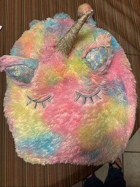 Pastel Rainbow Plush unicorn blanket that folds into a pocket